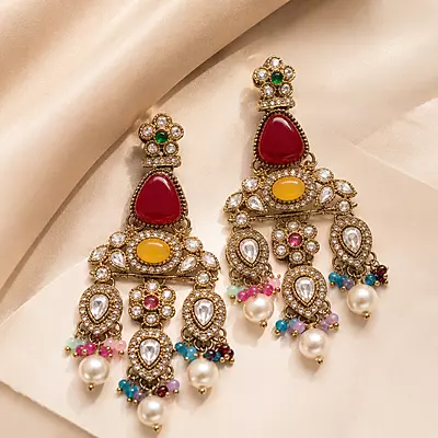 Rangrez Multicolour Anti Golden Kundan Chandelier Earrings