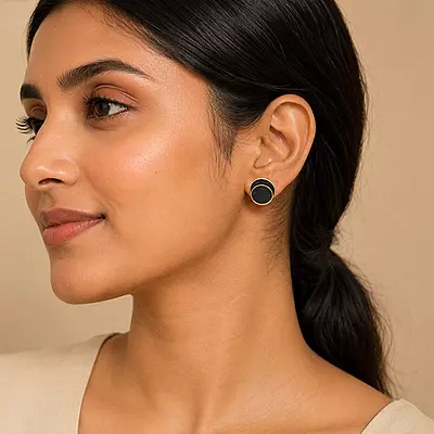 Elara Black Dual Circle Gold-Tone Stud Earrings