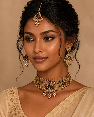 Vanyara Antique Gold Choker Jewellery Set with Earrings and Maang Tikka