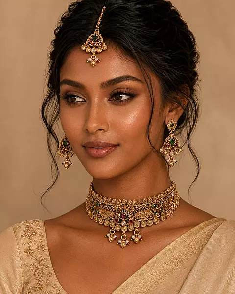 Vanyara Antique Gold Choker Jewellery Set with Earrings and Maang Tikka