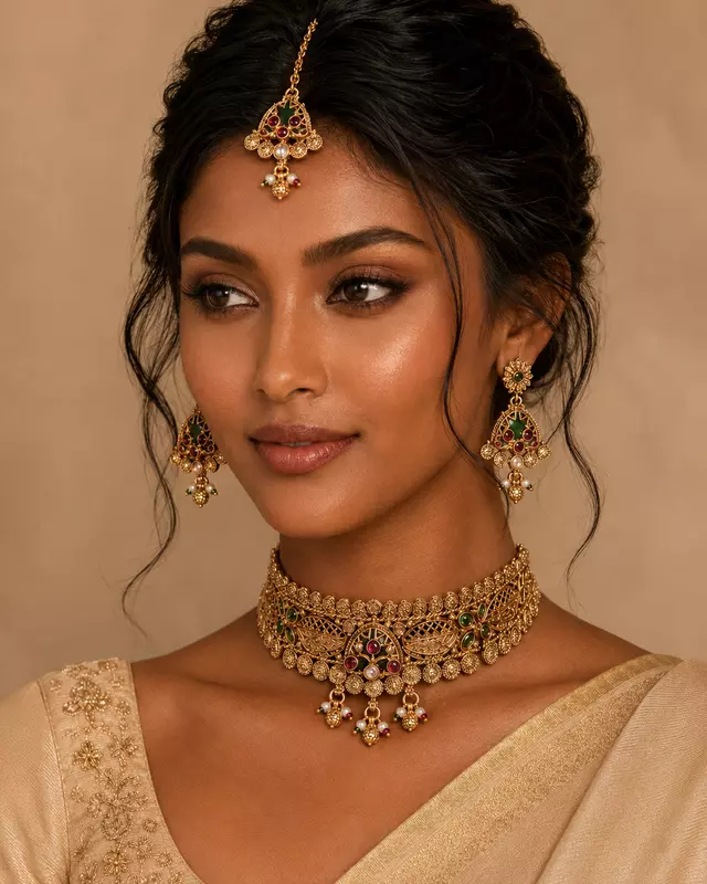 Vanyara Antique Gold Choker Jewellery Set with Earrings and Maang Tikka
