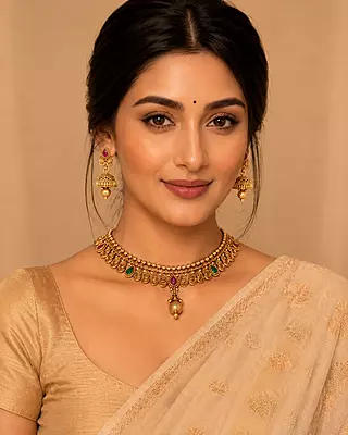Aarini Antique Gold Paisley Necklace Set with Jhumka Earrings