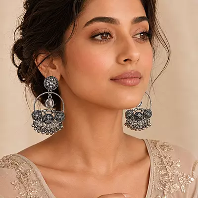 Afsana Oxidised Silver Bird Motif Chandbali Earrings