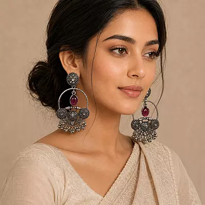 Gulnaar Magenta Stone Bird Motif Oxidised Chandbali Earrings