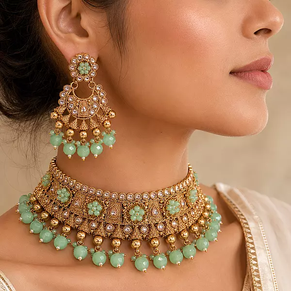 Mint Meher Antique Gold Choker Jewellery Set