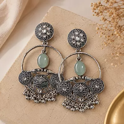 Meher Sage Green Bird Motif Oxidised Chandbali Earrings