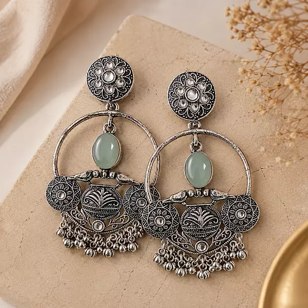 Meher Sage Green Bird Motif Oxidised Chandbali Earrings