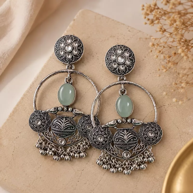 Meher Sage Green Bird Motif Oxidised Chandbali Earrings