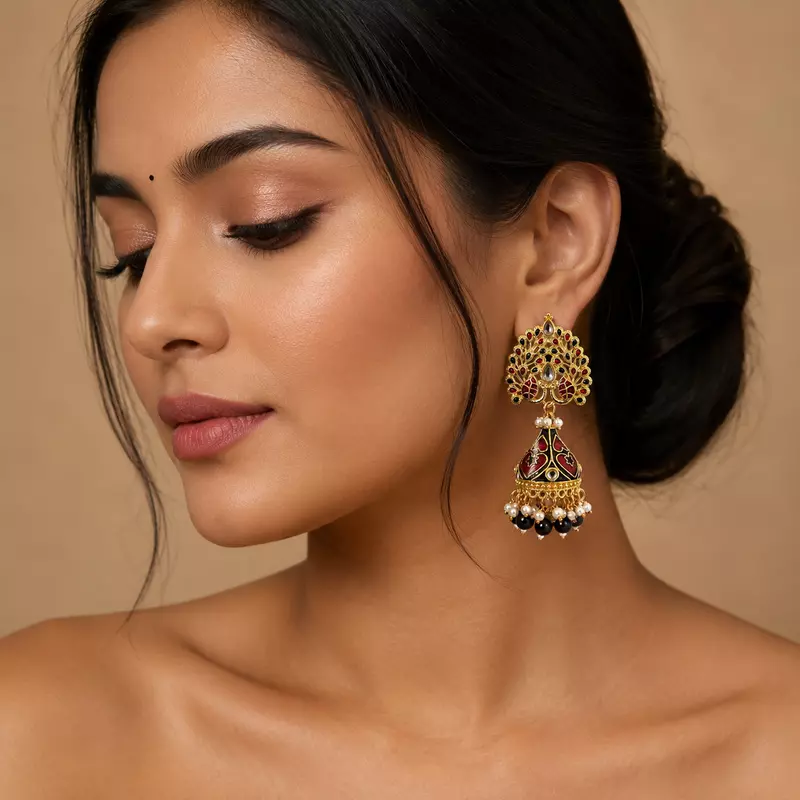Mayura Ruby Black Enamel Peacock Jhumka Earrings