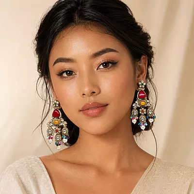 Rangrez Multicolour Anti Golden Kundan Chandelier Earrings