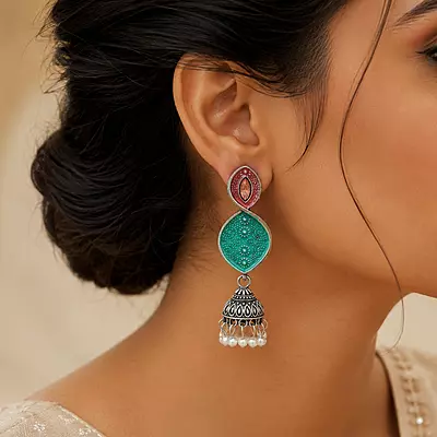 Madhavi Teal and Rose Enamel Oxidised Jhumka Earrings