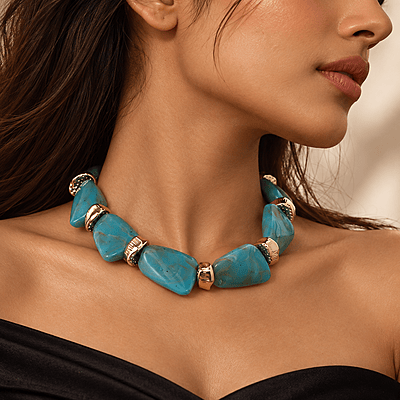 Azuria Teal Marbled Geometric Gold-Tone Statement Necklace