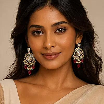 Kundan Nayra Mirror Ruby Pearl Earrings
