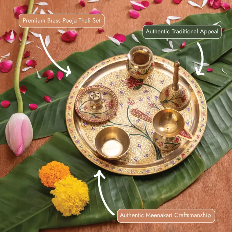 Designer Pooja Thali Set 10 Inch | Made of Pure Brass with Meenakari Work | 1.165 Kg