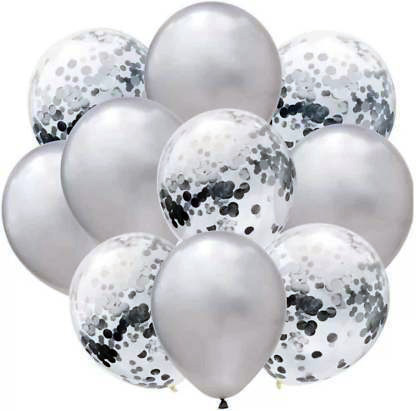 The Magic Balloons Store-Silver Latex & Silver Confetti Balloons Pack -10 Pieces