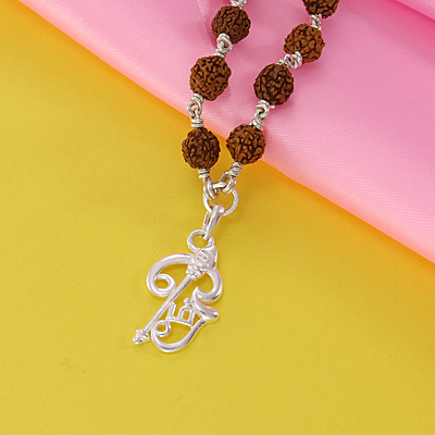 Original Rudraksha Mala in Silver with Om Pendant | Certified Original Rudraksha Mala in Silver with Om Pendant | Certified