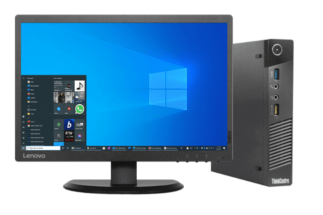 Desktop: Intel Core i5 (8th Gen), 8GB DDR4, 256GB SSD, 21.5" LED display, keyboard, mouse, and adaptor