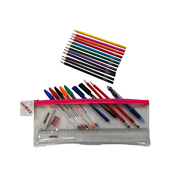 Stationery Filled Pink Zip 13x5"" Pencil Case with Colouring Pencils