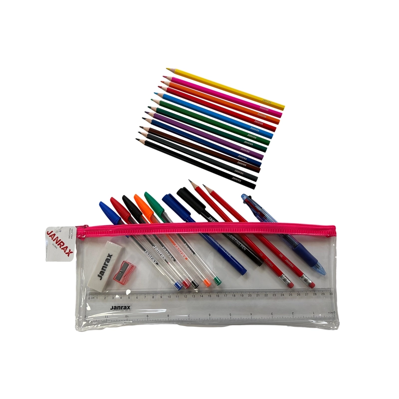 Stationery Filled Pink Zip 13x5"" Pencil Case with Colouring Pencils