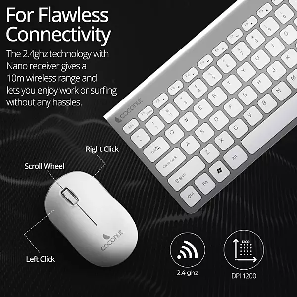 Coconut Topaz WKM12 Wireless Keyboard & Mouse Combo (Sleek Design, Ergonomic Comfort, Reliable Wireless Connectivity, Perfect for Home & Office, 1 Year Warranty)