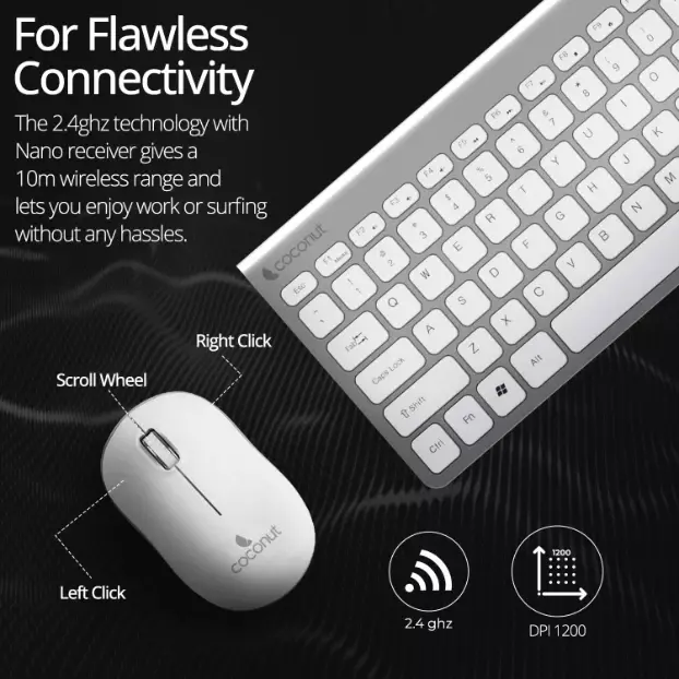 Coconut Topaz WKM12 Wireless Keyboard & Mouse Combo (Sleek Design, Ergonomic Comfort, Reliable Wireless Connectivity, Perfect for Home & Office, 1 Year Warranty)