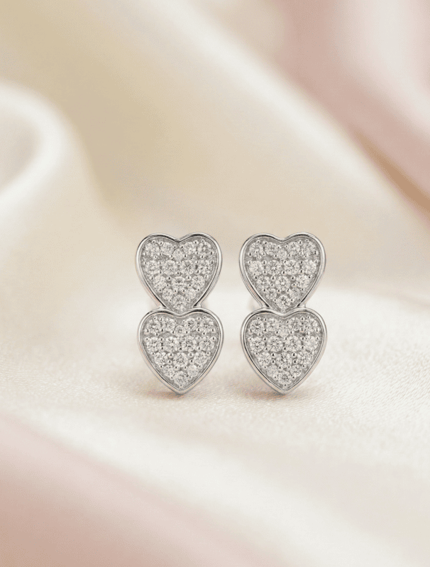 925 Silver Sparkling Duet Heart Stud Earrings