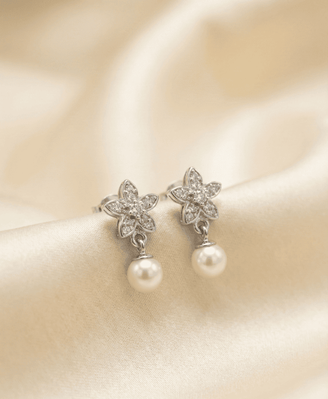 925 Silver Floral Pearl Drop Earrings