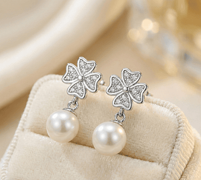 925 Silver Sparkling Clover Pearl Drops