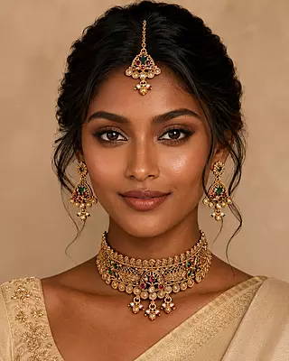 Vanyara Antique Gold Choker Jewellery Set with Earrings and Maang Tikka