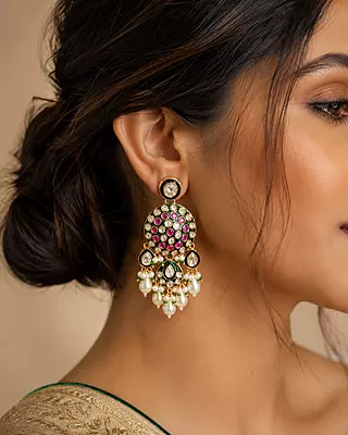 Kundan Ruby Green Pearl Drop Statement Earrings