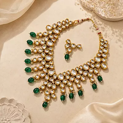 Kundan Arohi Green Bead Cascade Necklace Set