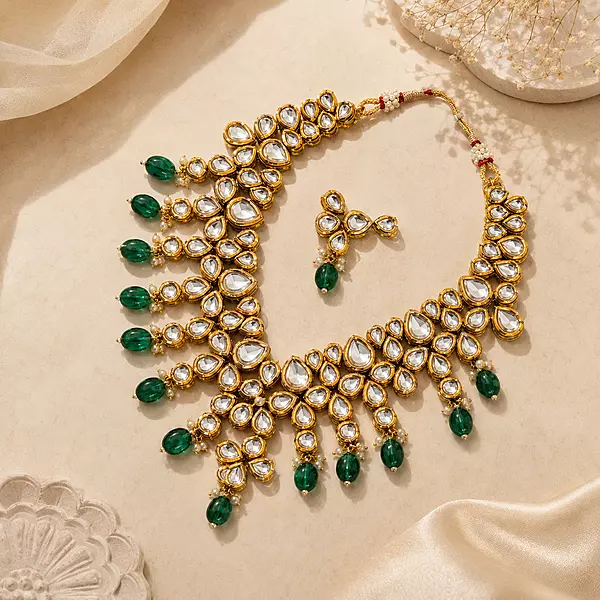 Kundan Arohi Green Bead Cascade Necklace Set