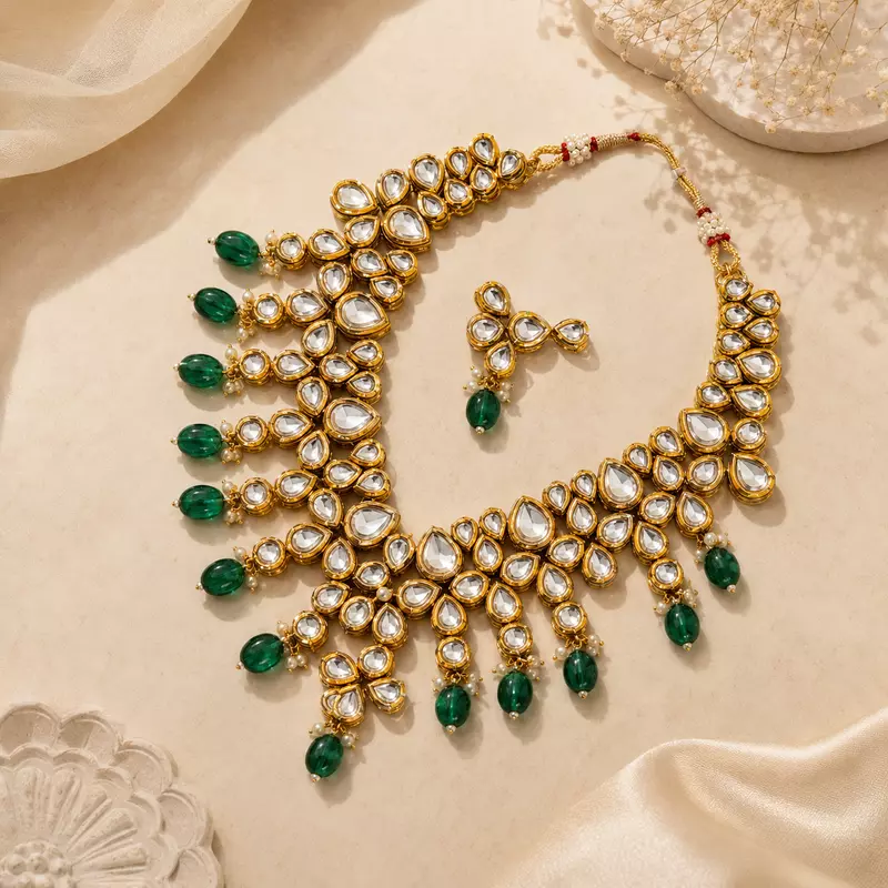 Kundan Arohi Green Bead Cascade Necklace Set