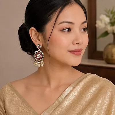 Kundan Reva Mirror Stone Pearl Drop Earrings