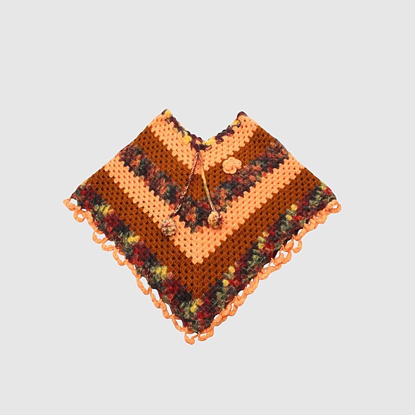 (3-4 Years) Kids Handknitted Woolen Poncho and Cap Set, Brown and Orange Multi-Color Pattern