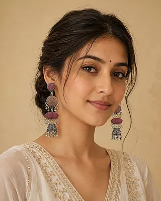 Raktima Maroon Layered Oxidised Jhumka Earrings