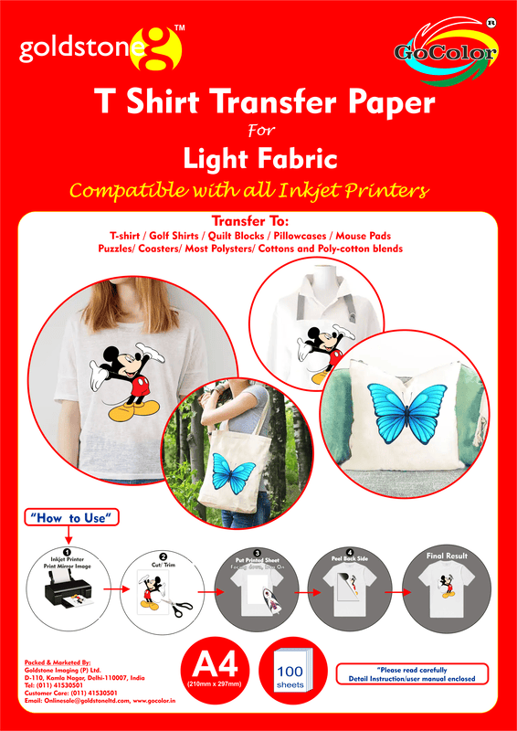 A4 T Shirt transfer paper for light fabric 100 sheets
