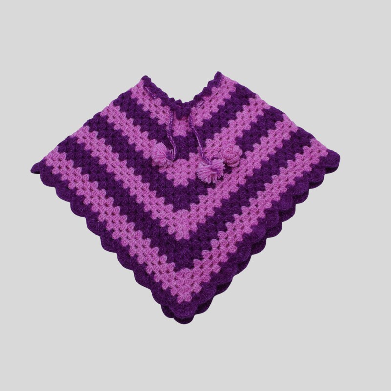 (1-2 Years) Baby Handknitted Woolen Poncho, Purple Striped Pattern