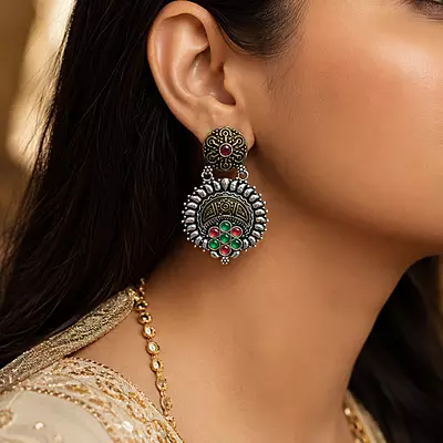 Saanvika Green and Red Stone Oxidised Medallion Earrings