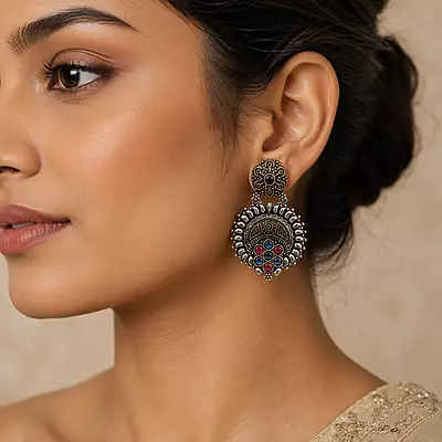 Ruhani Multicolour Stone Oxidised Medallion Earrings