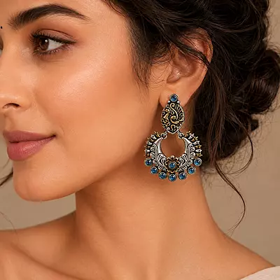 Neelanjali Peacock Blue Stone Oxidised Chandbali Earrings