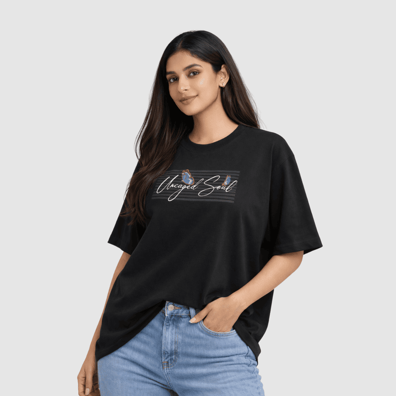 Women Black Uncaged Soul Oversized Cotton T-Shirt