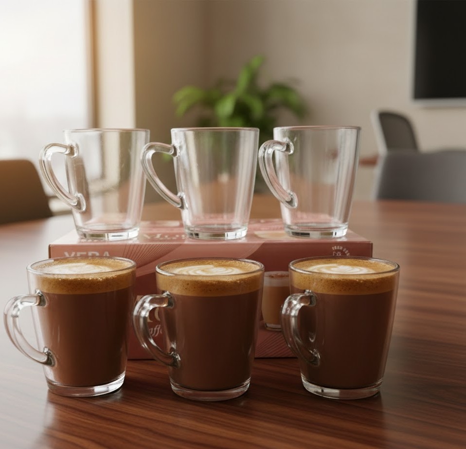 Set of 6 Clear Glass Mocha Mugs with Handle