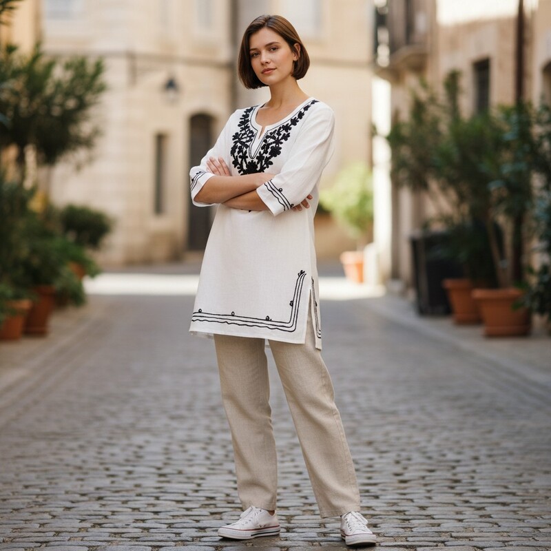 White Kurti with Black Embroidery