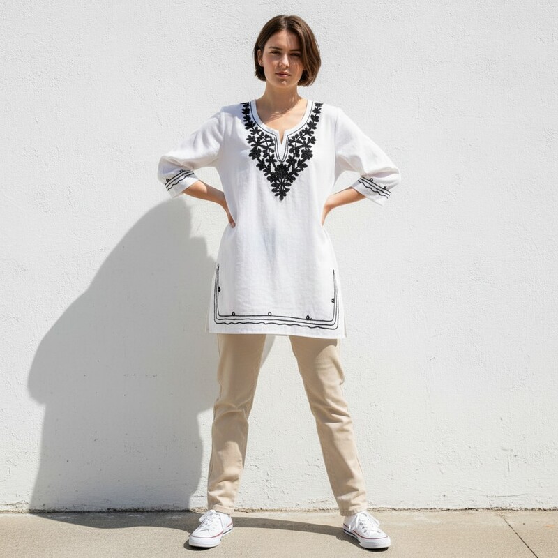 White Kurti with Black Embroidery