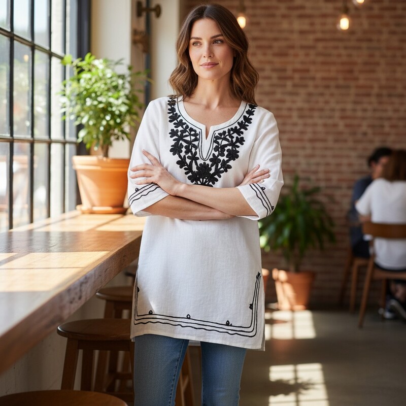 White Kurti with Black Embroidery