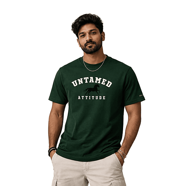 Men’s Forest Green “Untamed Attitude” Graphic T-Shirt – Premium Cotton Horse Print Casual Round Neck Tee