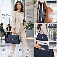 Executive Genuine Leather Structured Satchel Handbag - Midnight Navy