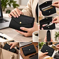 Envelope Genuine Leather Accordion Clutch Wallet - Classic Black
