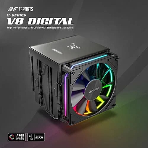 Ant Esports V8 Digital ARGB 120mm Dual Tower CPU Air Cooler with Temperature Display